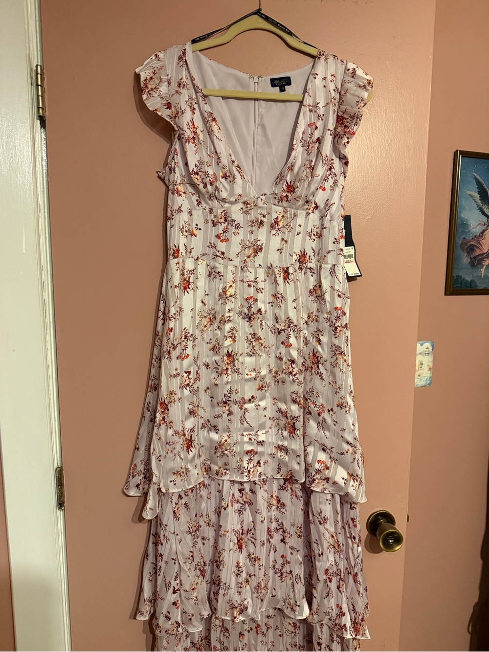 NWT RACHEL Rachel Roy Lilac Floral Metallic Stripe Tiered Maxi Dress Size 10